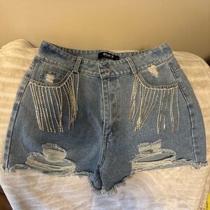 Women's Distressed Denim Shorts with Rhinestone Fringe